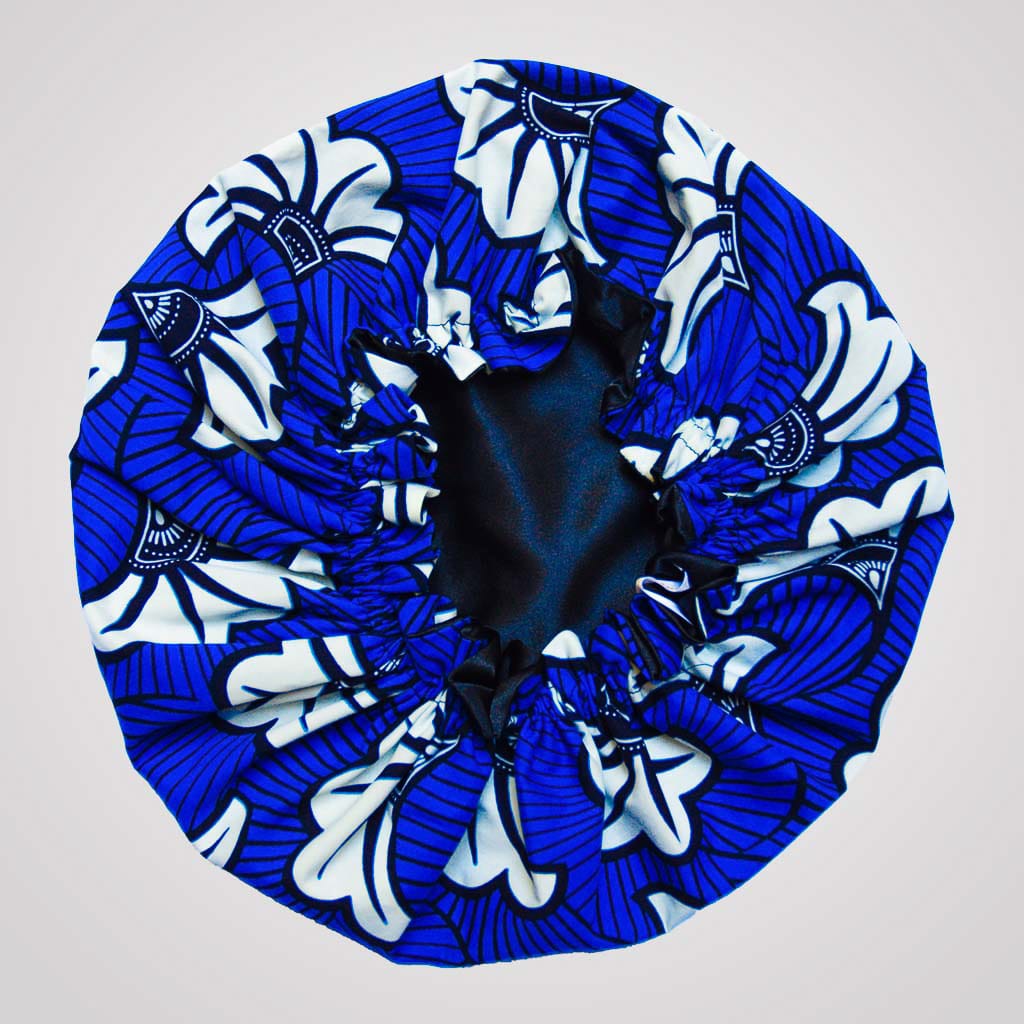 bonnet intérieur satin protecteur de boucles curly nights flora blue cheveux crépus