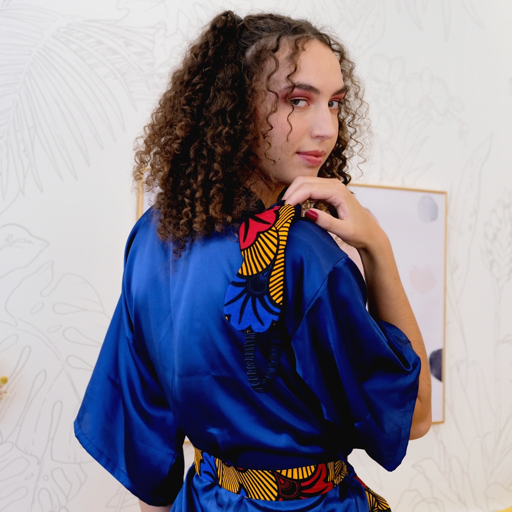 kimono déshabillé chemise nuit portefeuille satin bleu marine ceinture wax