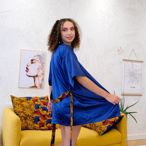 kimono schlafanzug satin dunkelblau gürtel wax