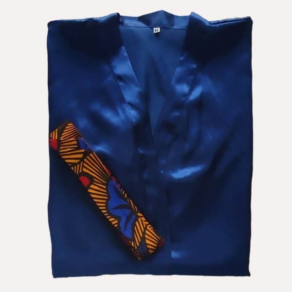 kimono déshabillé chemise nuit portefeuille satin bleu marine ceinture wax