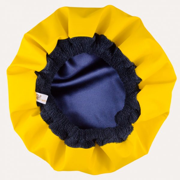 bonnet soins capillaires et douche imperméable auto chauffant écoresponsable curly nights jaune