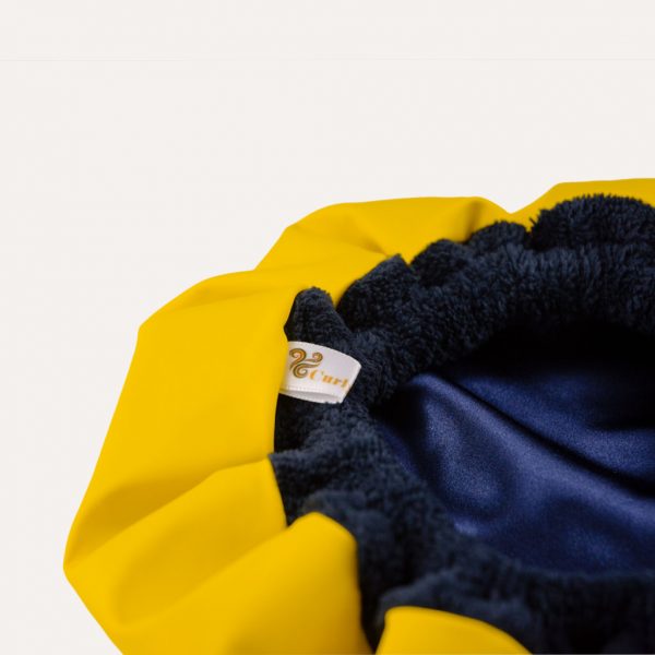 bonnet soins capillaires et douche imperméable auto chauffant écoresponsable curly nights jaune